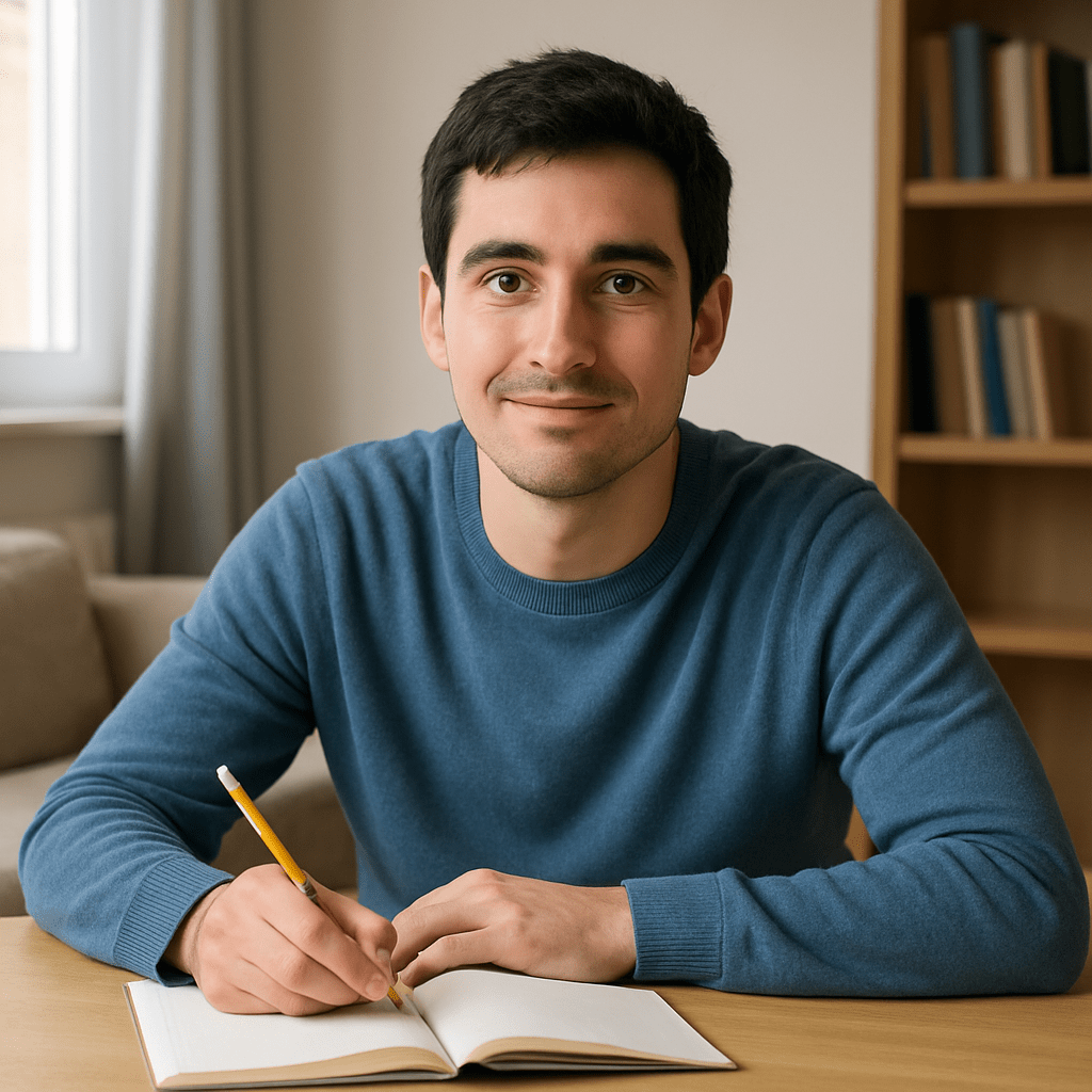 A young man with a gentle smile writes in a notebook during OCD therapy homework, seated at a table in a calm, sunlit room.