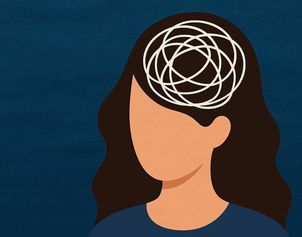 Spotting OCD: Understanding Symptoms for Effective Therapy A digital illustration symbolising the complexity of diagnosing OCD, showing overlapping icons for mental health conditions like anxiety, depression, ADHD, and psychosis. A spotlight highlights the word “OCD” to represent accurate diagnosis amidst confusion.
