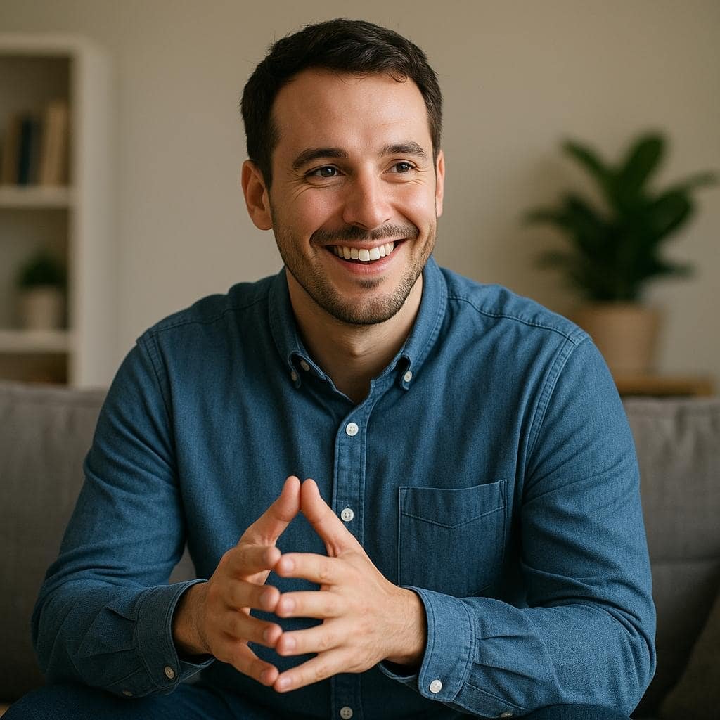 OCD Presentations: 8 Inspiring Ways ERP and I-CBT Help OCD Presentations: 8 Inspiring Ways ERP and I-CBT Help. A smiling man in a therapy setting showing confidence and hope, symbolising an individual with OCD approaching treatment with a positive mindset.