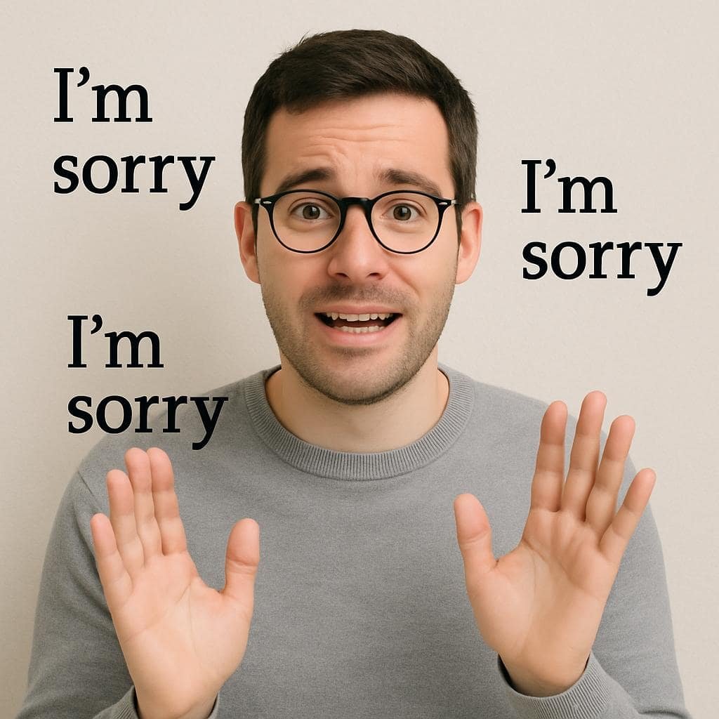 A man with glasses and a grey shirt with his hands up. 5 Essential Insights on OCD and Keeping Apologising