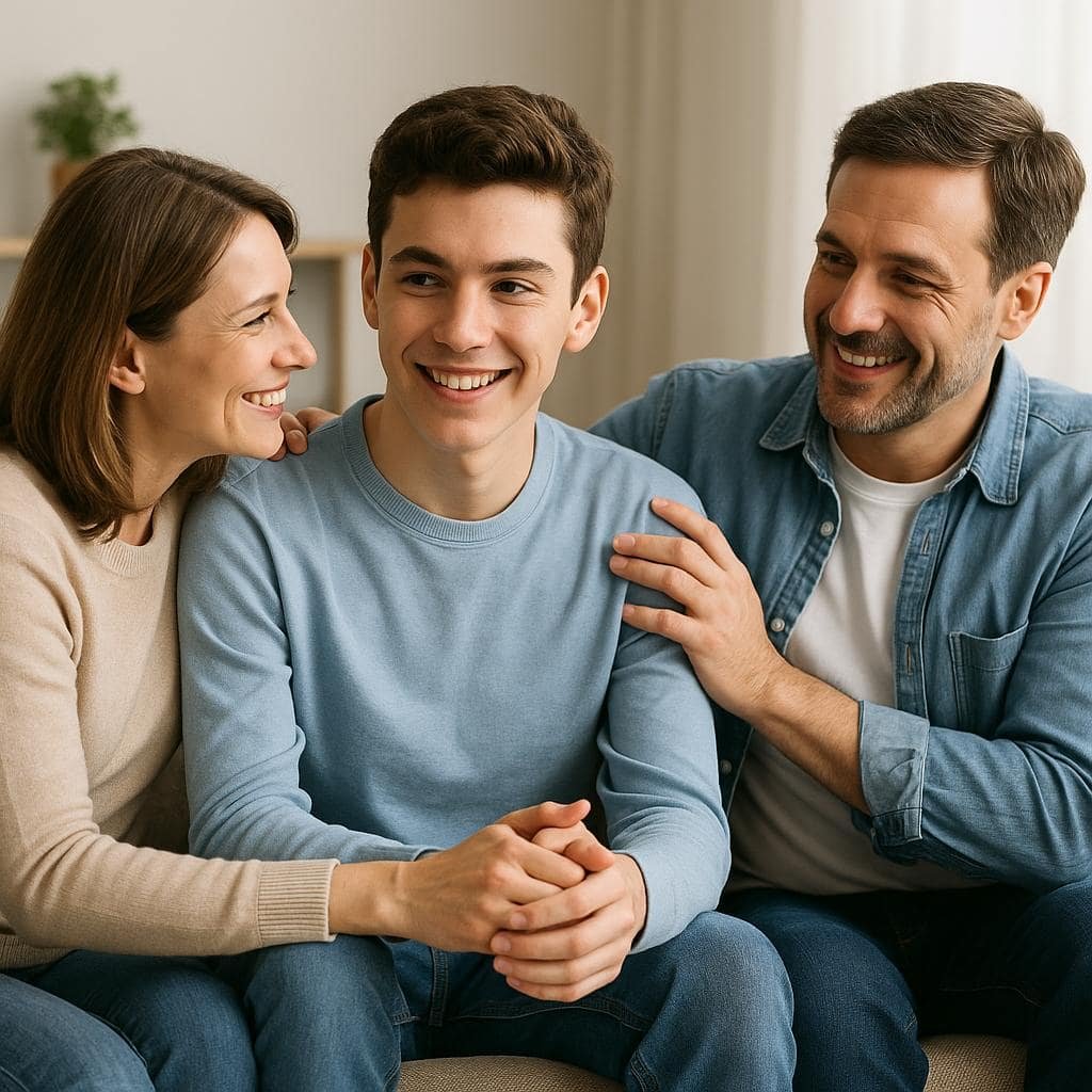 How to Help Someone With OCD: 10 Effective Strategies How to Help Someone With OCD: 10 Effective Strategies. A smiling UK family sitting together on a sofa, with supportive parents encouraging their teenage son during his OCD recovery journey.