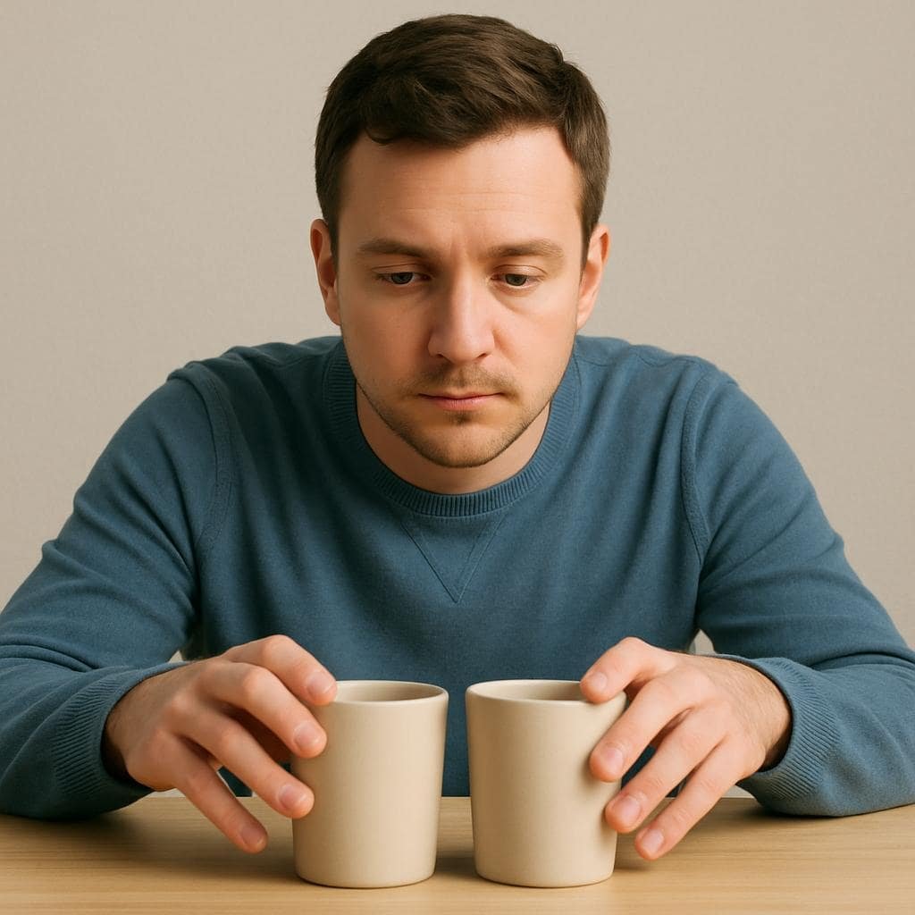 Just-Right OCD: 7 Uplifting Facts to Embrace Balance A man in a blue sweater carefully aligns two beige cups on a wooden table, focusing intently to ensure symmetry, representing just-right OCD.