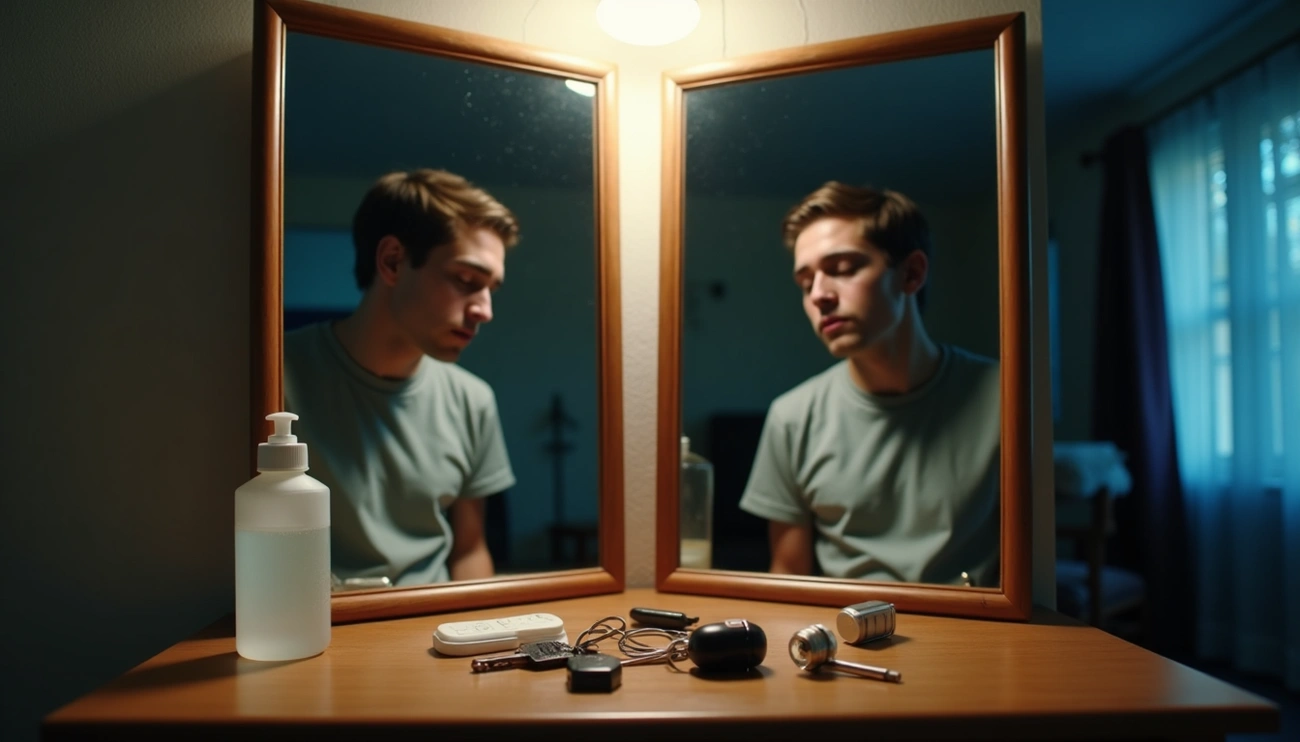 Why Your OCD Acts Like a Bully: Break Its Control Today Why Your OCD Acts Like a Bully: Break Its Control Today. A young man sits at a desk with his reflection in two mirrors, looking down pensively. Keys, a sanitizer bottle, and other small objects rest on the desk in front of him.