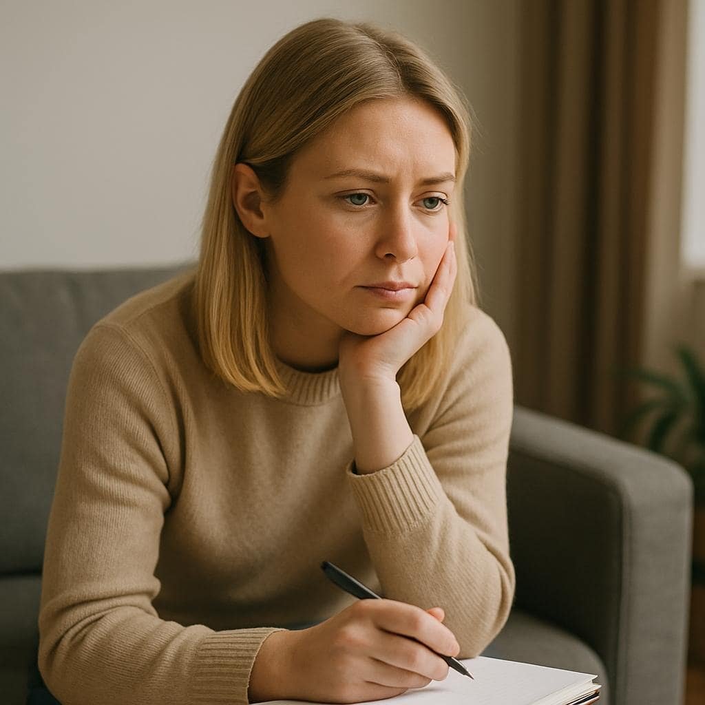 Why ERP Fails: 4 Reasons and Effective Solutions. A thoughtful young blonde woman sits on a sofa, resting her chin on her hand with a notebook in her lap, reflecting on her mental health and therapy journey.