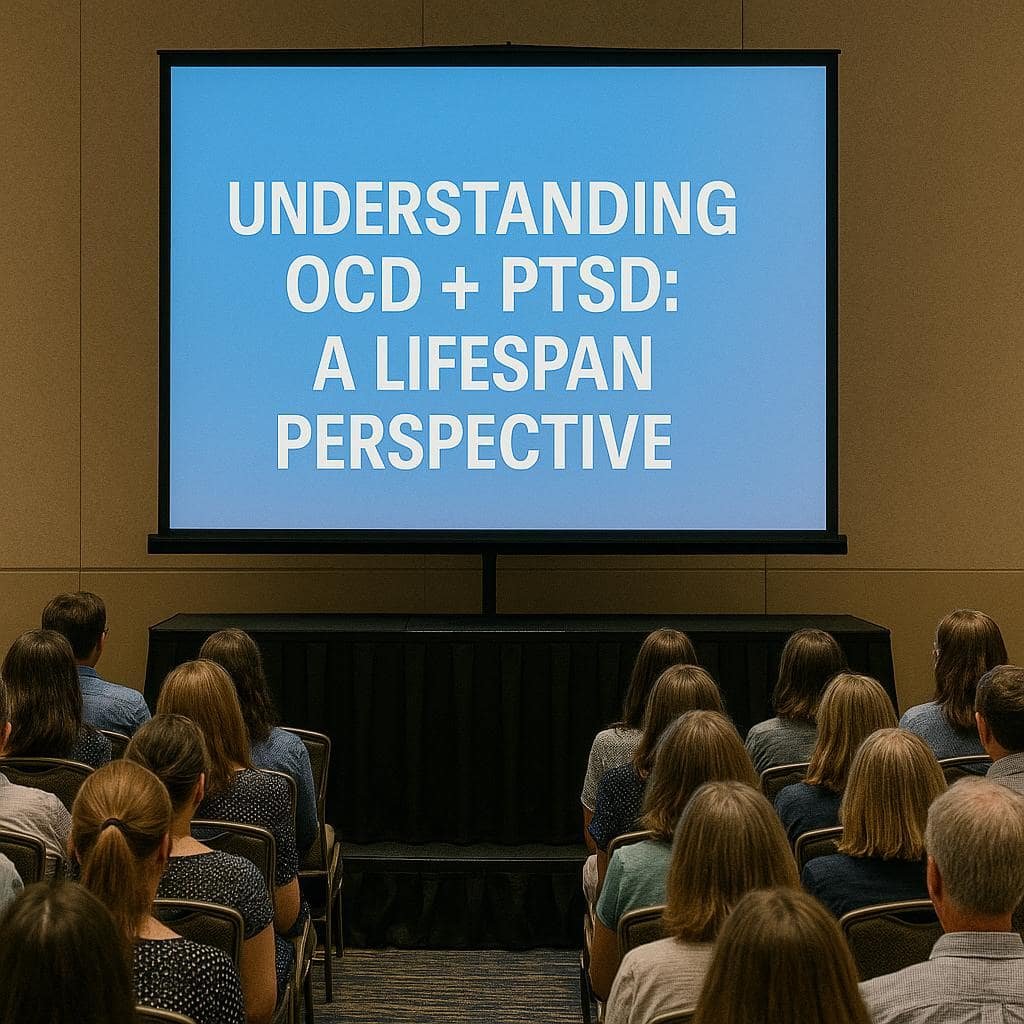OCD and PTSD: 7 Ways to Embrace Hope Throughout Life. Conference audience watching a presentation titled Understanding OCD + PTSD: A Lifespan Perspective on a large screen during a professional mental health event.