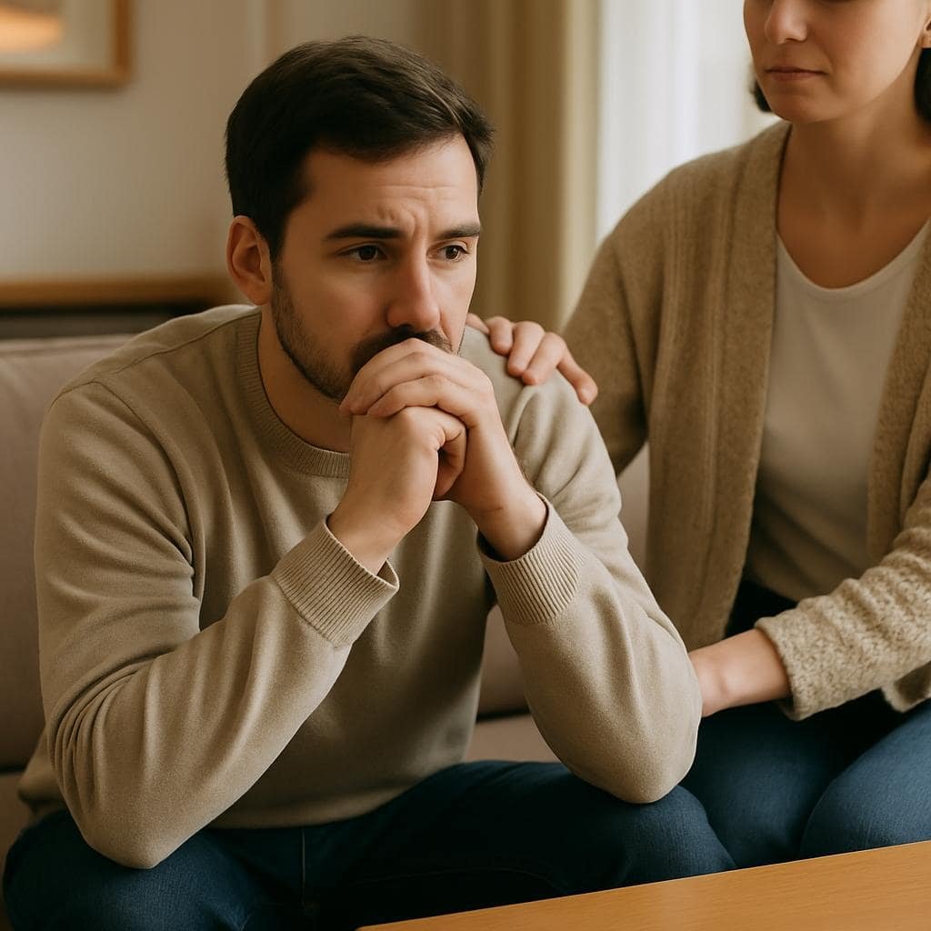 OCD and Feeling Unreal: 10 Key Facts You Should Know. A young man sitting on a sofa looking thoughtful and slightly tense, supported by a woman with her hand on his shoulder, illustrating anxiety and support.