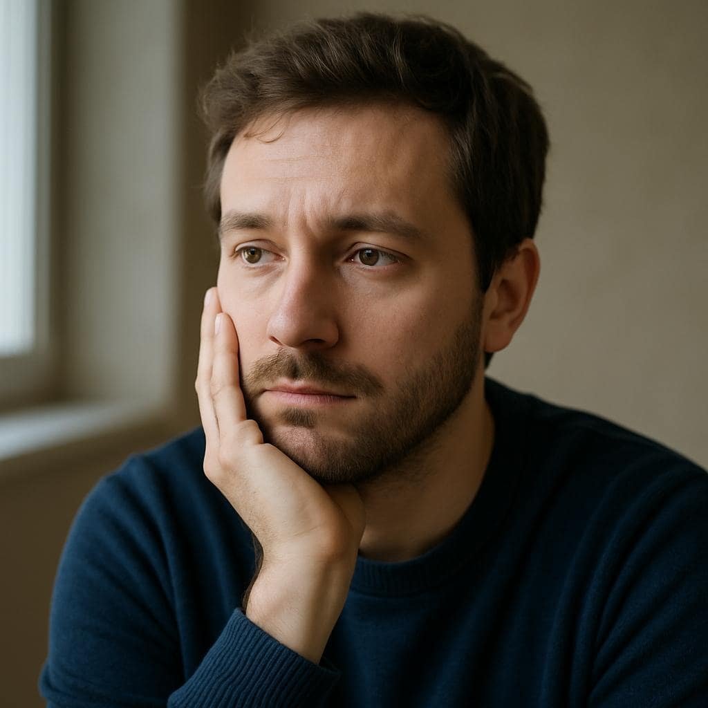 Existential OCD: 6 Key Signs You May Be Experiencing It. Photorealistic portrait of a thoughtful young man with light brown hair and beard, resting his face on his hand, gazing out of frame in quiet reflection.
