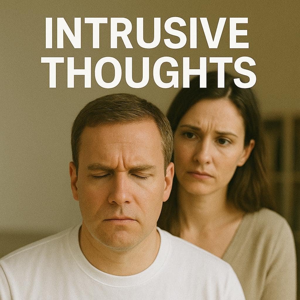 4 Profound Causes of Intrusive Thoughts and Their Management 4 Profound Causes of Intrusive Thoughts and Their Management. A worried man in a white T-shirt sits with his eyes closed, while his concerned wife stands behind him, symbolising the struggle of living with intrusive thoughts.