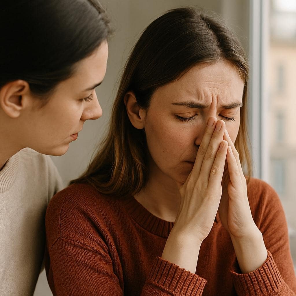 Accepting OCD: 7 Essential Tips from a CBT Psychotherapist Accepting OCD: 7 Essential Tips from a CBT Psychotherapist. A young woman with her hands pressed to her face in distress while another woman gently comforts her by resting a hand on her shoulder, symbolising support for someone struggling with OCD.