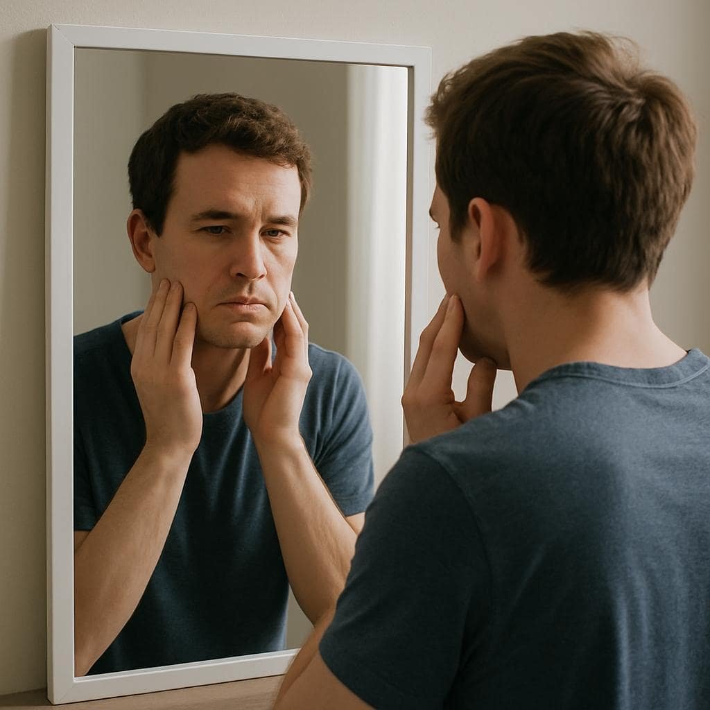 Body Dysmorphic Disorder: 5 Effective Treatments Body Dysmorphic Disorder: 5 Effective Treatments. A young man with Body Dysmorphic Disorder looking thoughtfully into a mirror, gently touching his face, illustrating the inner struggle with appearance concerns.
