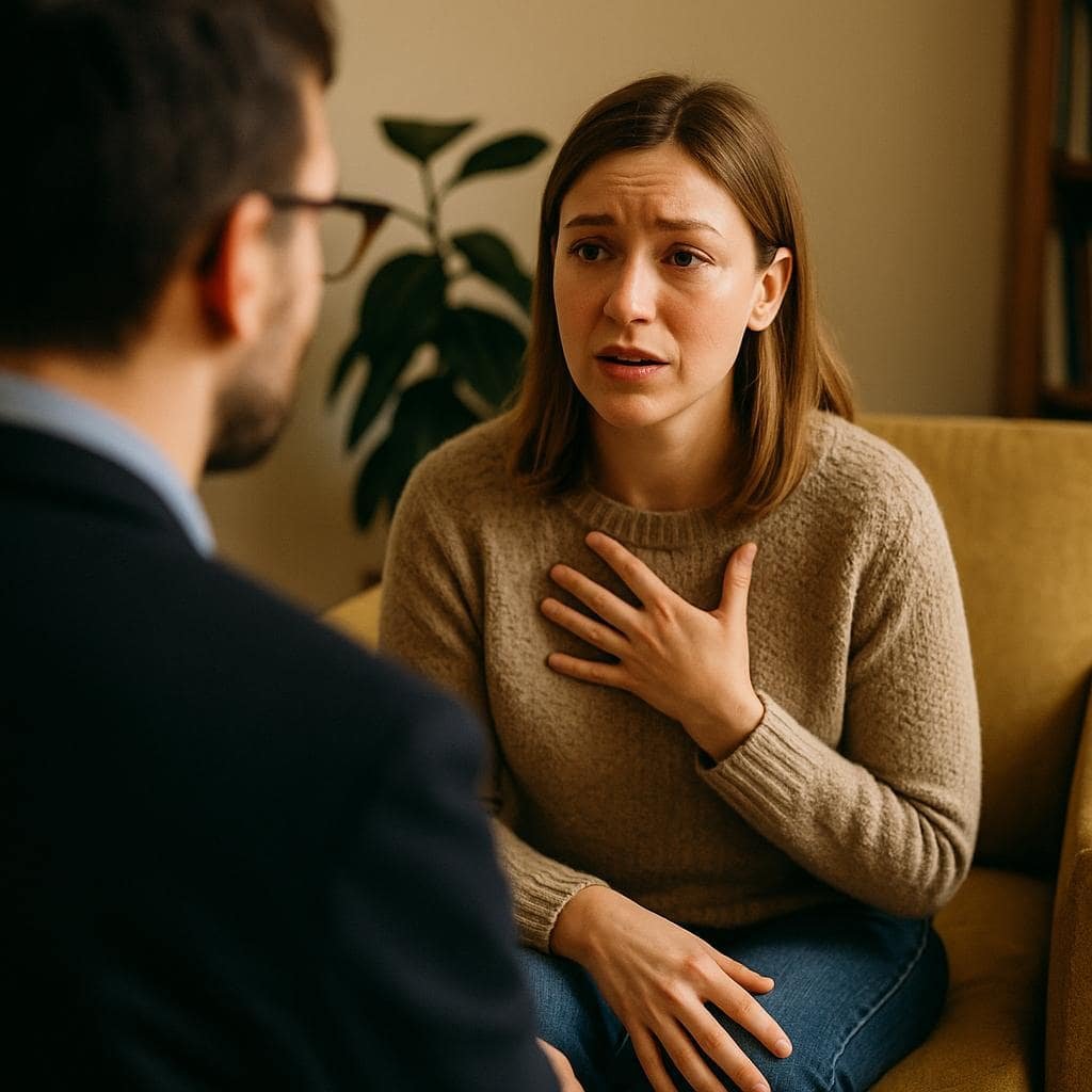 Effective OCD Treatment: Managing TIBs for Better Outcomes Effective OCD Treatment: Managing TIBs for Better Outcomes. A young woman in therapy, sitting on a sofa and vulnerably discussing her treatment-interfering behaviours with her CBT therapist, who is seen from behind.