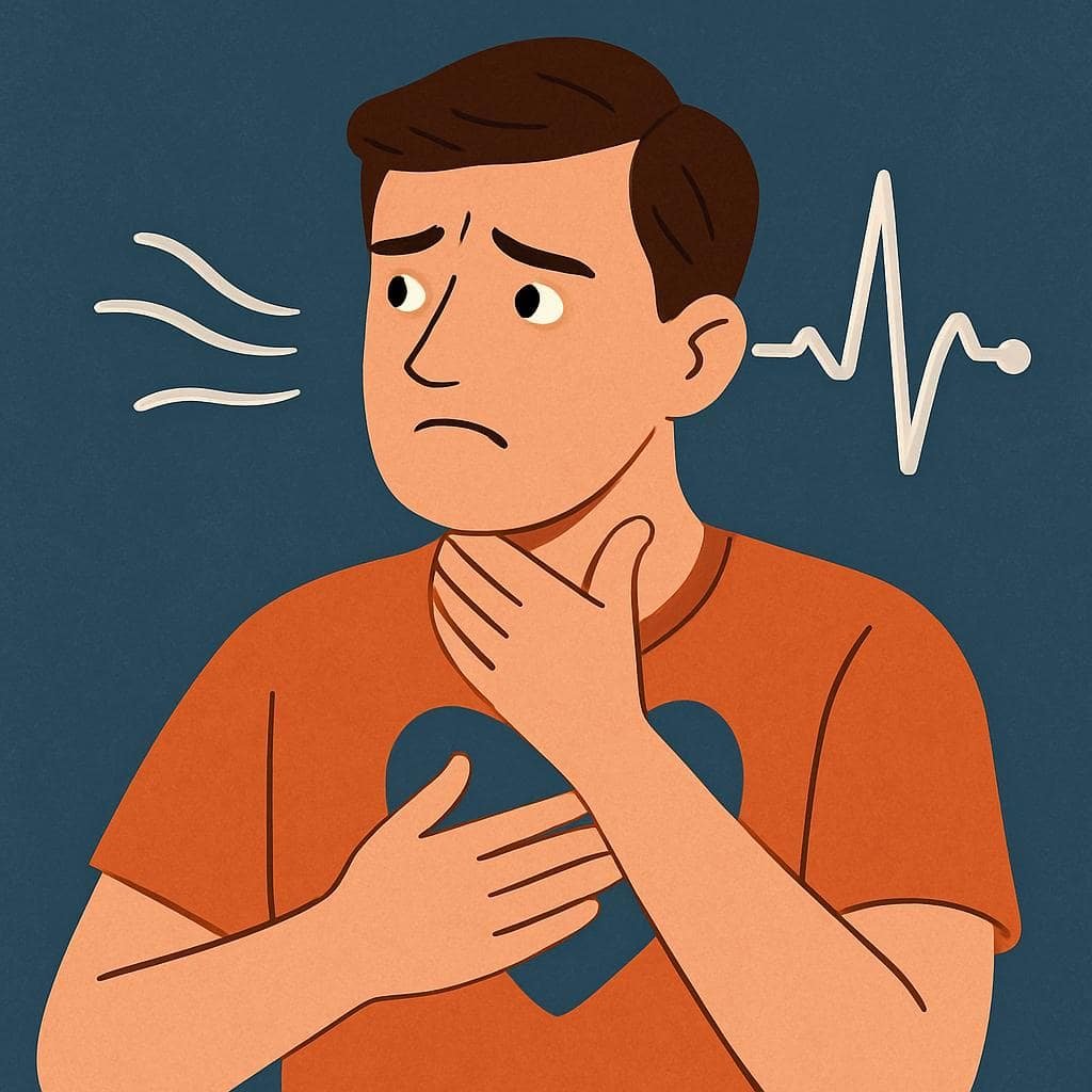 ERP for Somatic OCD: Tackle Your Fear of Bodily Sensations. An illustration of a worried man touching his throat and chest, symbolizing hyperawareness of bodily sensations like breathing and heartbeat, against a dark blue background.