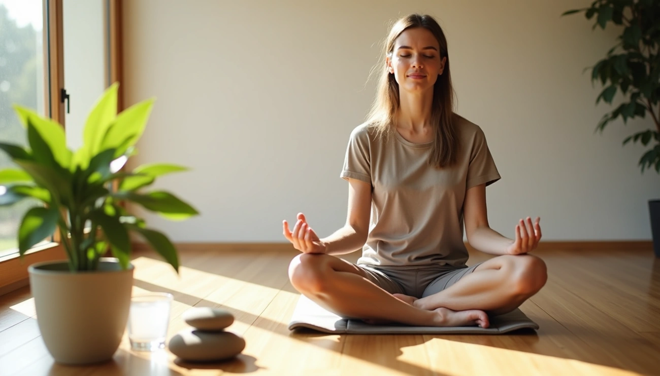 Somatic OCD and Meditation: Can Awareness Practises Help? Somatic OCD and Meditation: Can Awareness Practises Help? A woman sits cross-legged on a yoga mat in a bright, peaceful room, meditating with eyes closed. Sunlight filters through a nearby window, illuminating a plant and stacked stones, symbolizing calm and awareness.