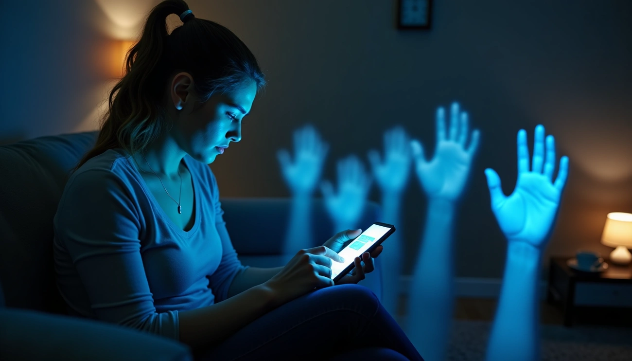 OCD in the Digital Age: 5 Hidden Traps of Scrolling OCD in the Digital Age: 5 Hidden Traps of Scrolling. A young woman illuminated by her phone screen sits in a dark room, surrounded by ghostly blue hands reaching out from the device, symbolising anxiety and digital overwhelm.