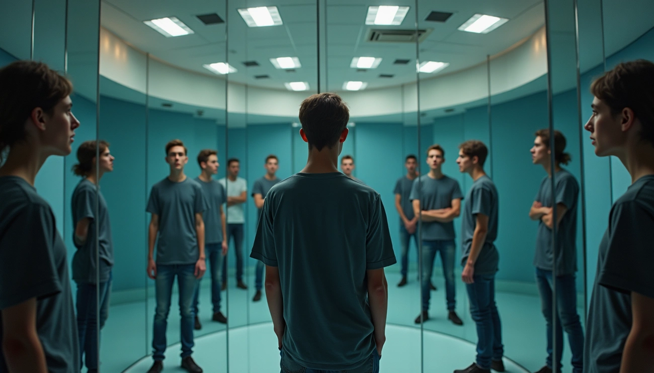 OCD Themes: Navigating Change and Finding Hope in Recovery OCD Themes: Navigating Change and Finding Hope in Recovery. Young man standing in a circular room of mirrors, surrounded by multiple reflections of himself, symbolising intrusive thoughts and constantly shifting OCD themes.