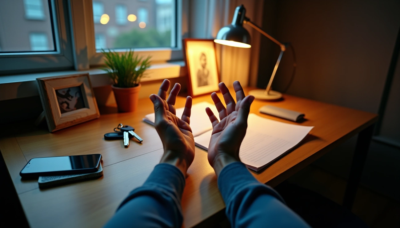 Discover 18 Bizarre Intrusive Thoughts (You’re Not Alone). Hands held open in front of a tidy desk under warm light, symbolising anxiety and reflection during an intrusive thought moment.