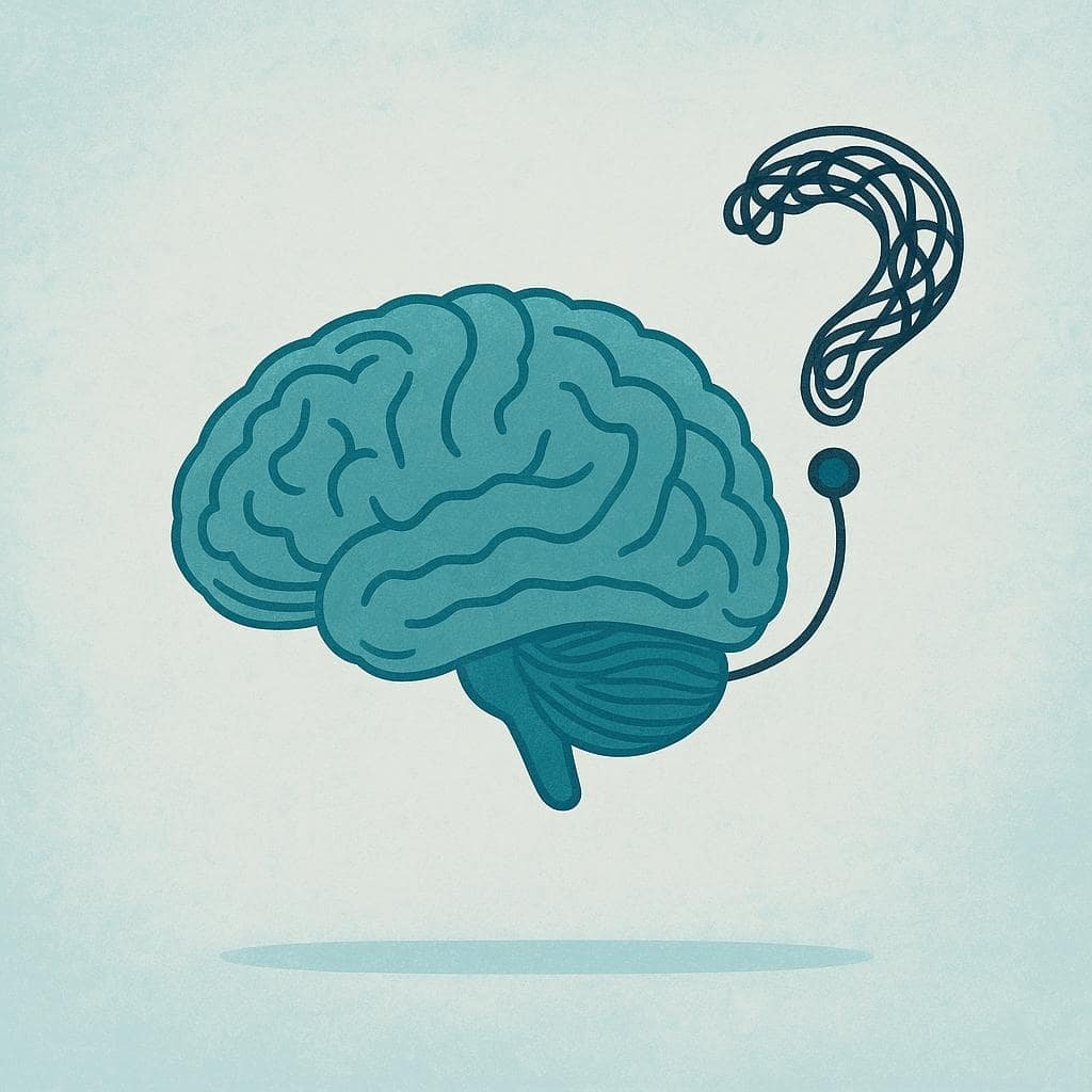 8 Ways to Understand Meta-Doubt OCD: Truth or Excuse? Illustration of a teal human brain with a tangled question mark emerging from it, symbolising uncertainty and meta-doubt in OCD.