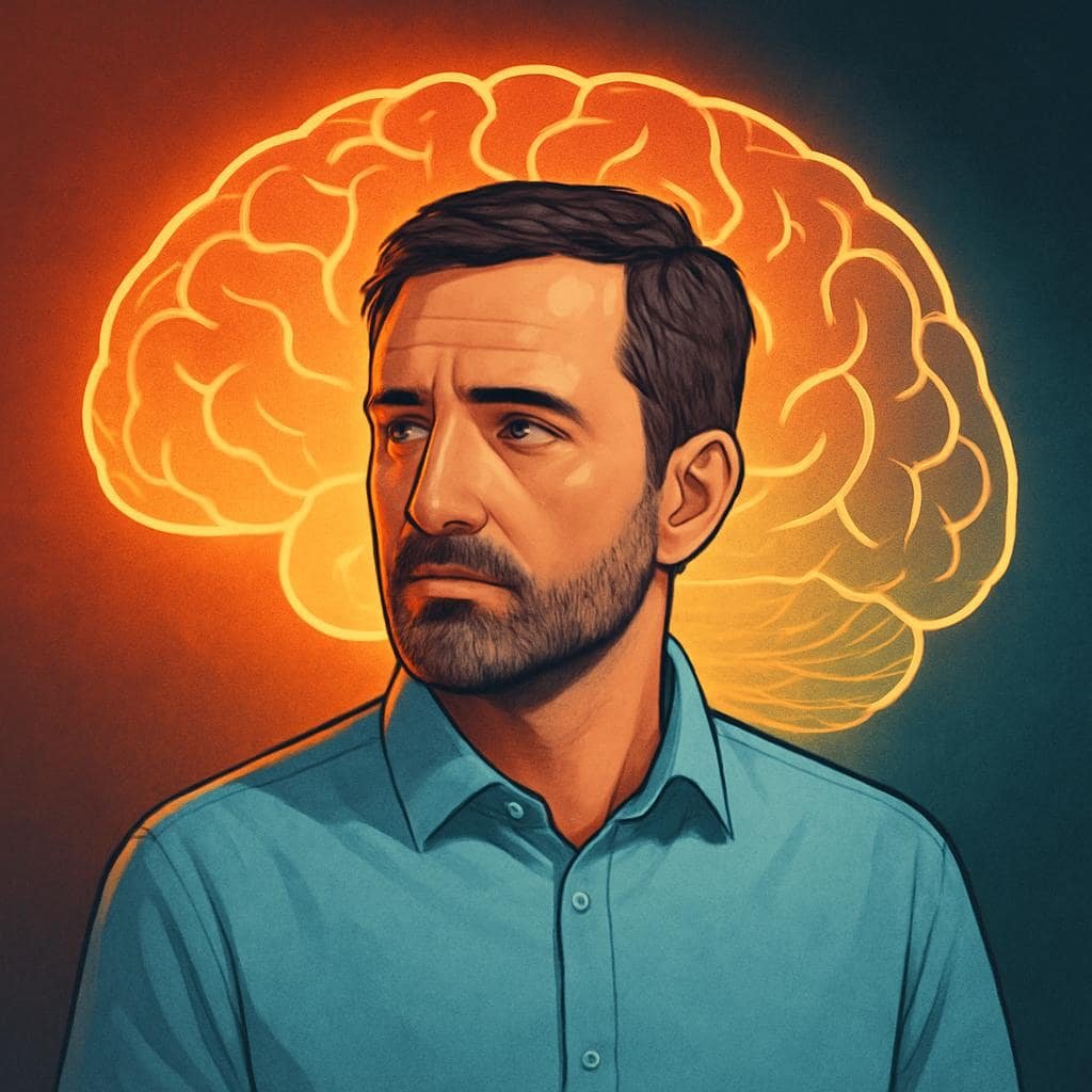 5 Scientific Reasons Why OCD Thoughts Feel So Real. A man deep in thought with a glowing brain behind him, symbolising intrusive OCD thoughts and brain activity.
