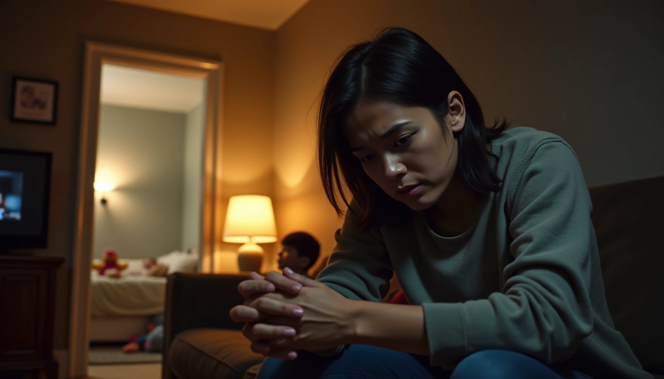 4 Surprising Facts About OCD Intrusive Thoughts in Parenting 4 Surprising Facts About OCD Intrusive Thoughts in Parenting. A worried parent sits on a couch with hands clasped, looking down in distress, while a child sleeps in the background.