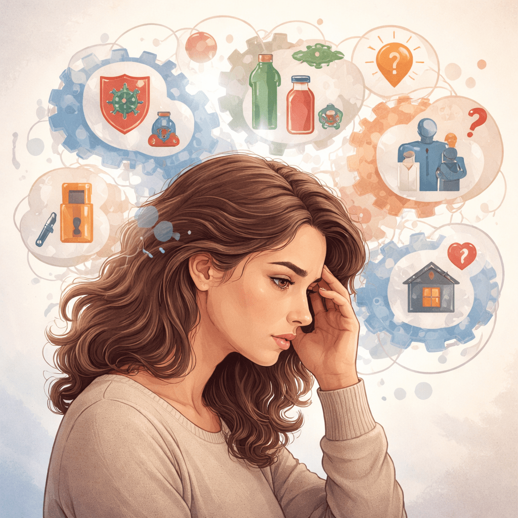 Finding Hope: Why OCD Keeps Switching Themes Explained Finding Hope: Why OCD Keeps Switching Themes Explained. A woman looking distressed while symbolic OCD themes such as contamination, harm, relationships, and uncertainty swirl around her head.