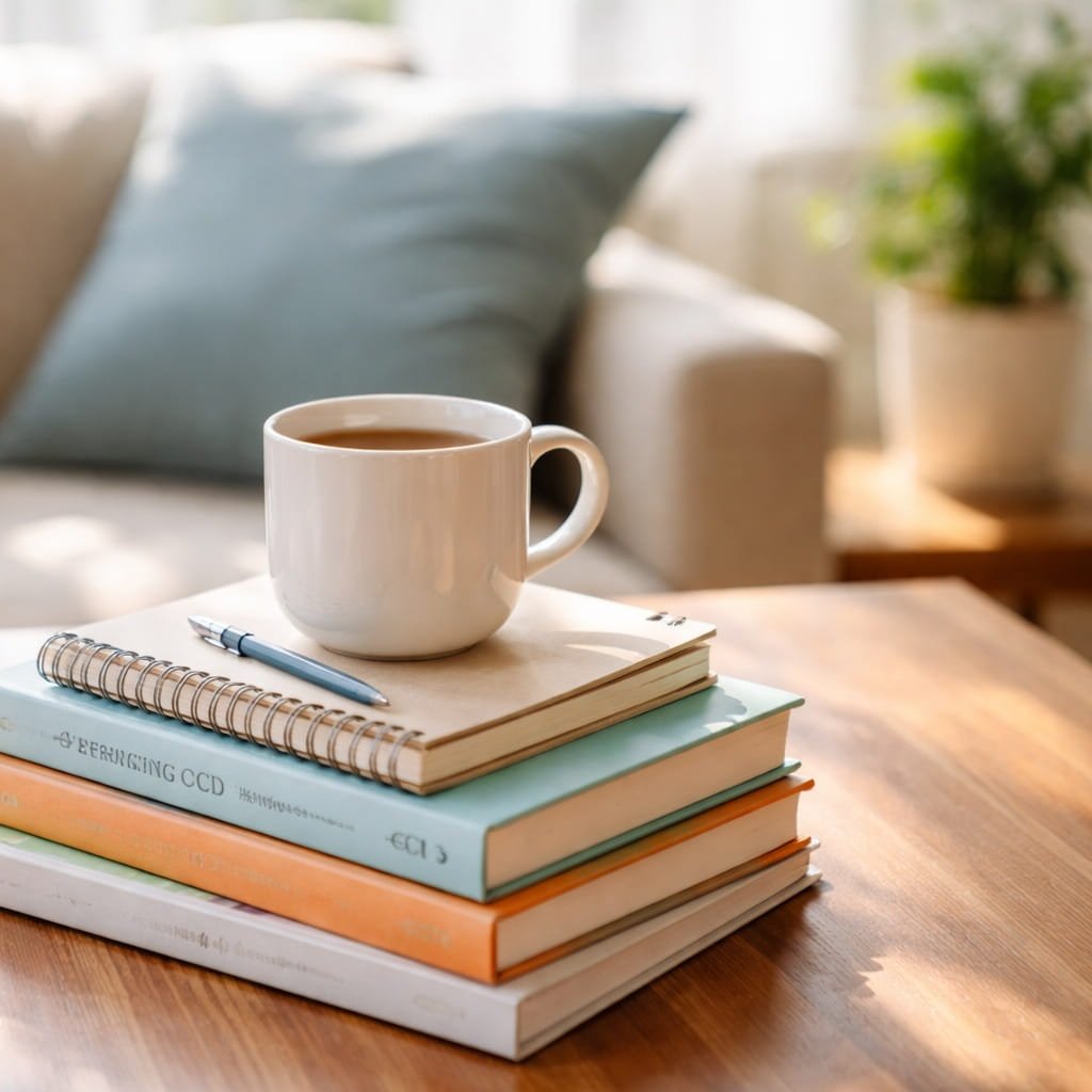 Overcoming OCD: Effective Alternatives to Compulsions Overcoming OCD: Effective Alternatives to Compulsions. A warm, calming scene with a cup of tea resting on notebooks and psychology books on a wooden table in a cosy living room setting.