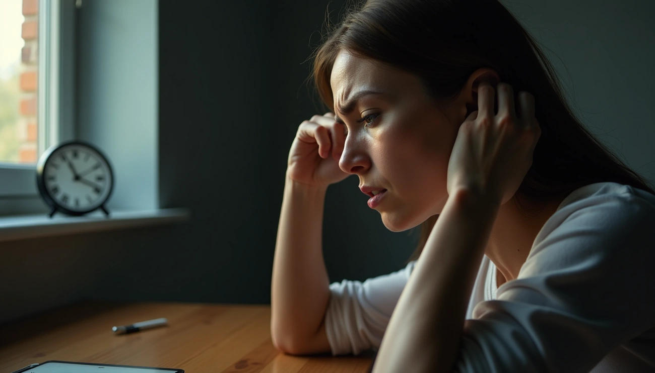 5 Ways to Break Free From Anger-Driven OCD 5 Ways to Break Free From Anger-Driven OCD. Woman sitting at a desk near a window, holding her head with a distressed expression, conveying anxiety, frustration, or emotional overwhelm.