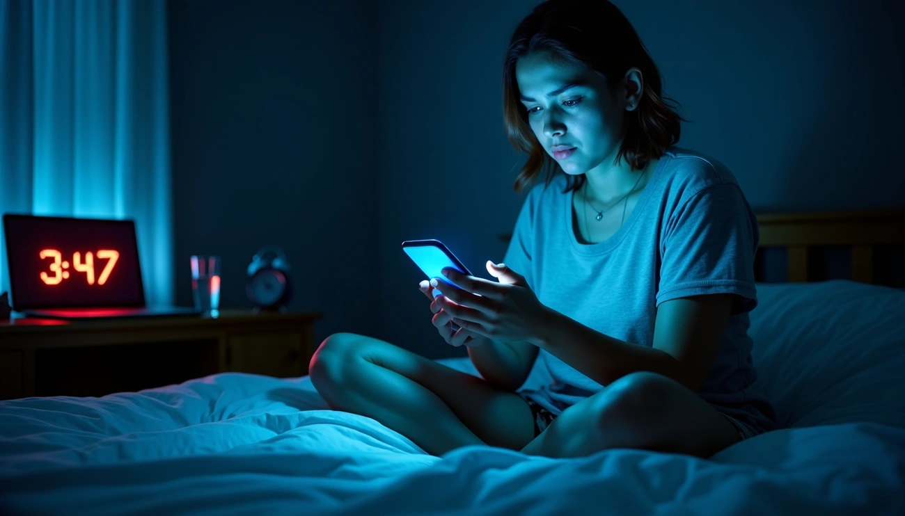 When AI Becomes a Compulsion: The Rise of Reassurance Chatting When AI Becomes a Compulsion: The Rise of Reassurance Chatting. Young woman sitting on a bed late at night, looking at her phone in a dark room with a glowing digital clock showing 3:47 AM.