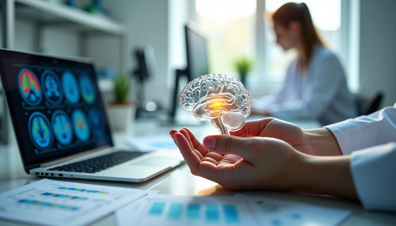Moving Toward OCD Subtypes: 7 Precision Psychiatry Insights Moving Toward OCD Subtypes: 7 Precision Psychiatry Insights. Clinician holds a glowing brain hologram in front of a laptop displaying brain imaging scans in a bright clinical office.
