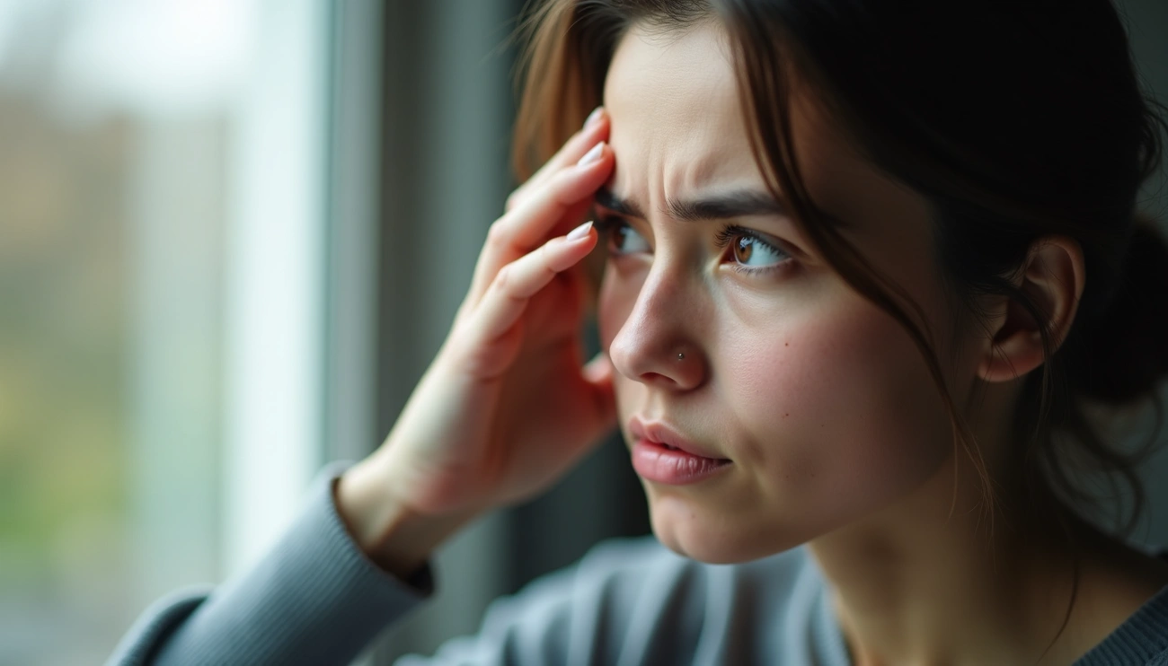 Sometimes OCD Feels Logical: 7 Eye-Opening Realities Sometimes OCD Feels Logical: 7 Eye-Opening Realities. Woman looking anxious and holding her head while staring out a window, reflecting distress and intrusive thoughts.
