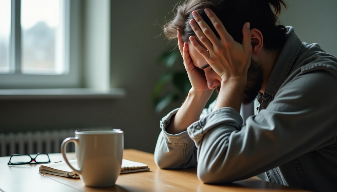5 Eye-Opening Ways OCD and Memory Distrust Affect Your Life 5 Eye-Opening Ways OCD and Memory Distrust Affect Your Life. Man sitting at a table with his head in his hands, appearing distressed and deep in thought, representing anxiety and doubt associated with OCD and memory distrust.