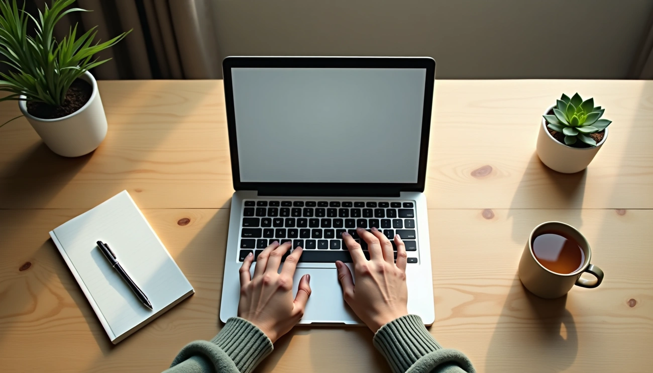 AI for OCD Support: Start Without Triggering Compulsions AI for OCD Support: Start Without Triggering Compulsions. Person typing on a laptop at a tidy desk with a notebook, pen, plants, and a cup of tea.
