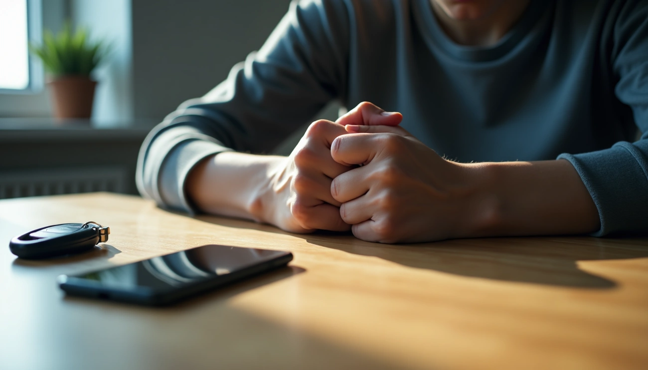 5 Ways Hyper-Responsibility OCD Affects Your Life 5 Ways Hyper-Responsibility OCD Affects Your Life. Person sitting at a table with hands tightly clasped, looking anxious, with a phone and keys nearby.