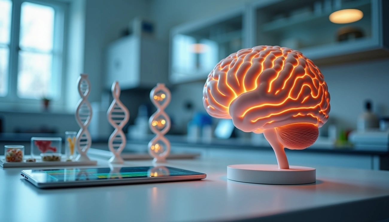 New Insights on OCD: Discover 5 Key Findings for 2026. Glowing model of a human brain on a laboratory desk beside DNA models and a tablet, representing neuroscience and personalised mental-health research.