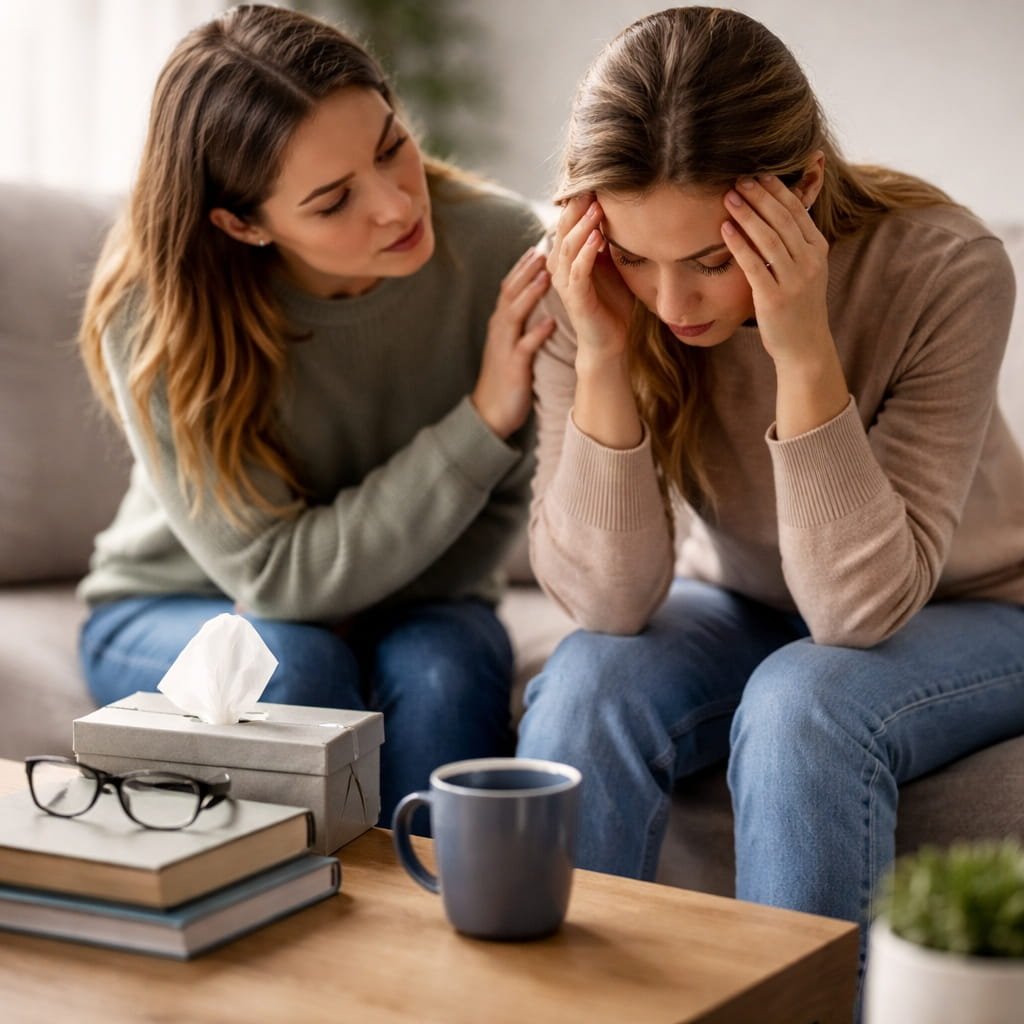 5 Key Insights into OCD: Understanding a Friend’s Struggles 5 Key Insights into OCD: Understanding a Friend's Struggles. A woman sitting on a sofa looks distressed with her head in her hands while a friend gently places a supportive hand on her shoulder in a calm home setting.