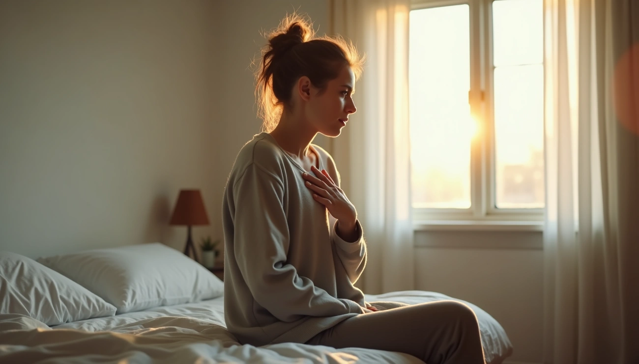 Why Do I Feel Like a Bad Person? (OCD Explained) Why Do I Feel Like a Bad Person? (OCD Explained). Young woman sitting on a bed, holding her chest and looking distressed in soft morning light.
