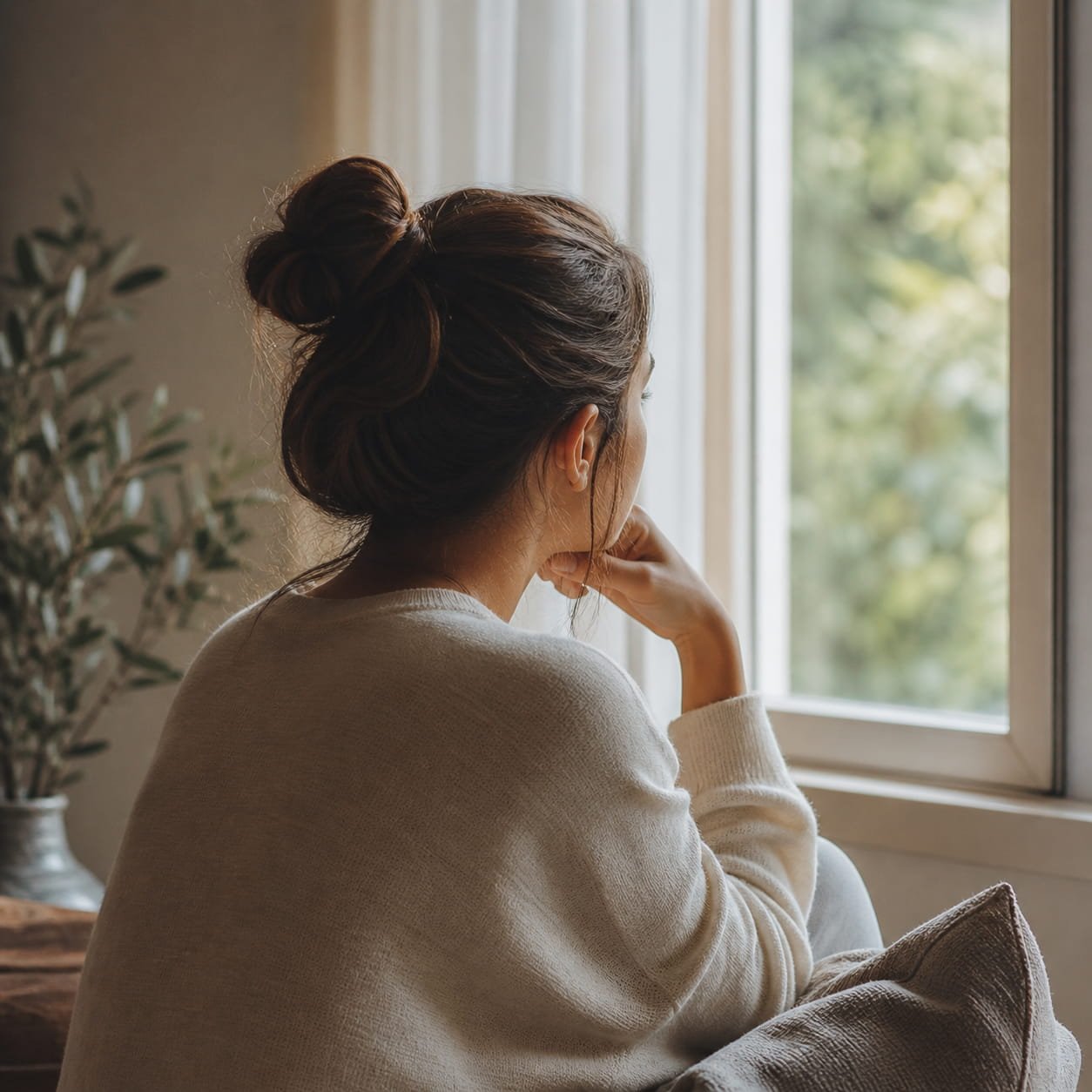 OCD and Your Period: What's Really Happening. Woman reflecting by a window in soft natural light, representing OCD symptoms and the menstrual cycle