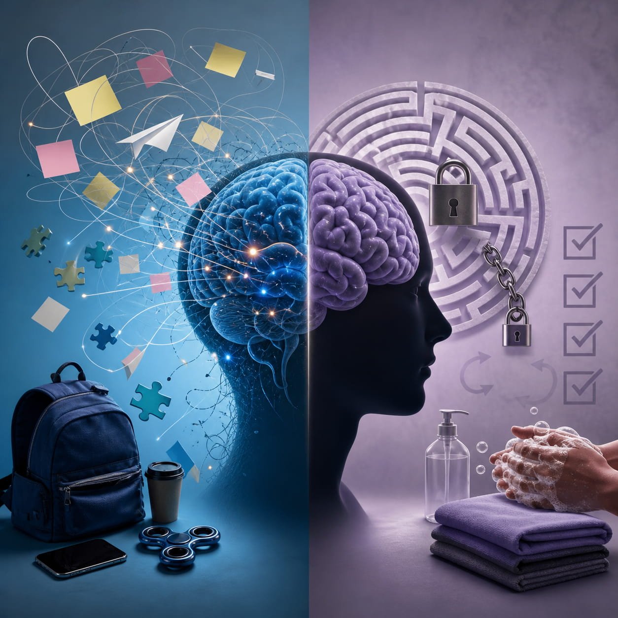 The ADHD and OCD Overlap Nobody Talks About. A split-style digital illustration showing the overlap between ADHD and OCD. The left side features a glowing blue brain surrounded by scattered notes, puzzle pieces, tangled lines, and everyday objects symbolising distraction, impulsivity, and overstimulation. The right side shows a purple-toned brain beside a maze, padlocks, checklists, and handwashing imagery representing compulsions, anxiety, and rigid control. A dark human silhouette divides the two contrasting halves.