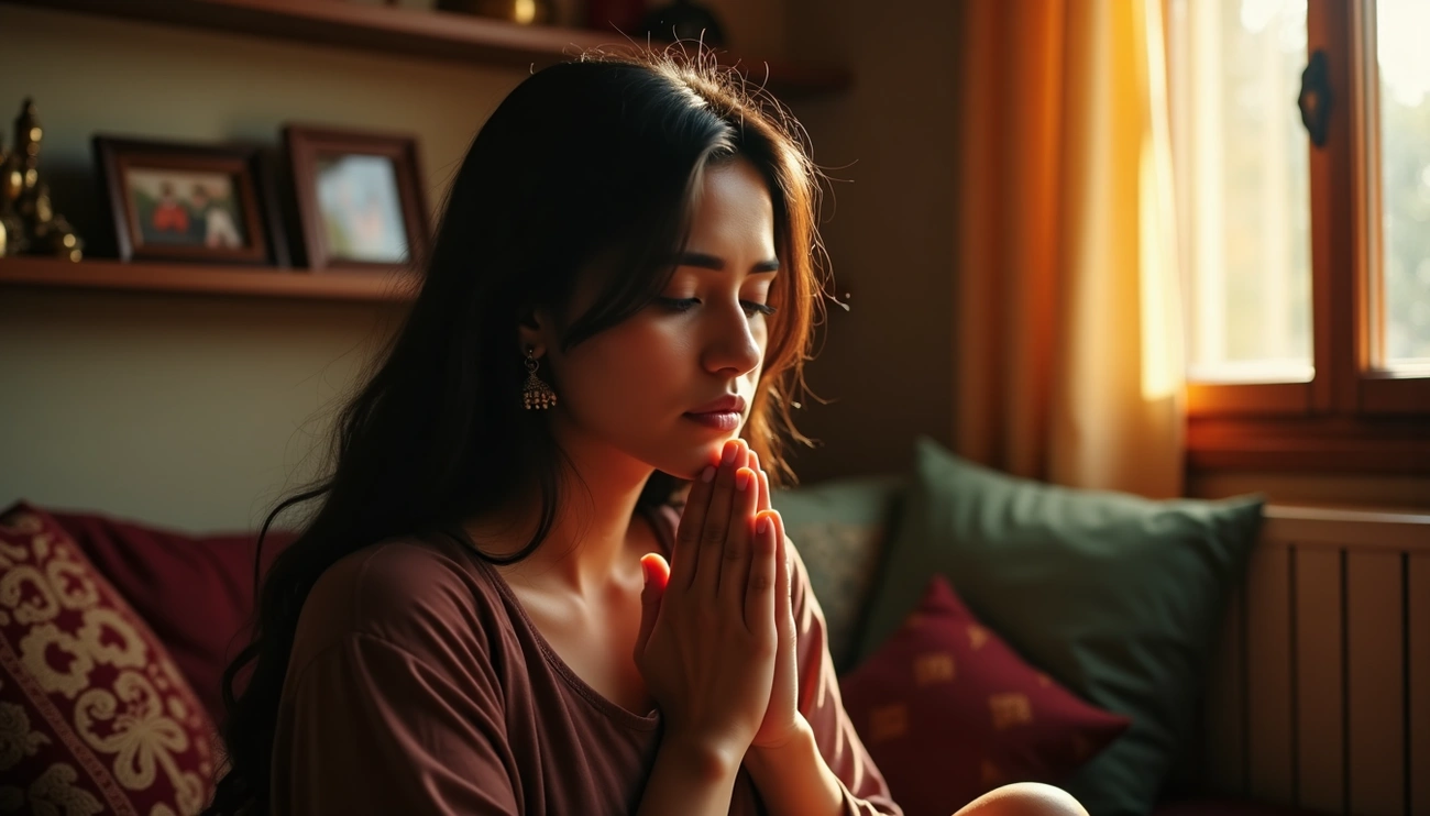 7 Insights on Cultural Shame and OCD in Sacred Beliefs. Young woman sitting indoors with her hands clasped in prayer, looking distressed and contemplative in warm evening light.
