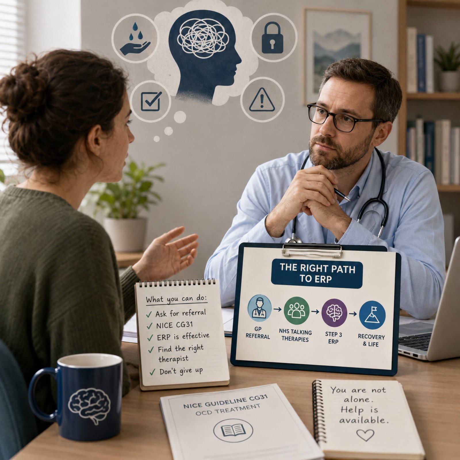 What to Do When Your GP Has Never Heard of ERP. A patient speaks with a GP in a calm medical office while visual symbols representing OCD treatment and mental health support appear around them, illustrating the process of seeking referral for ERP therapy.