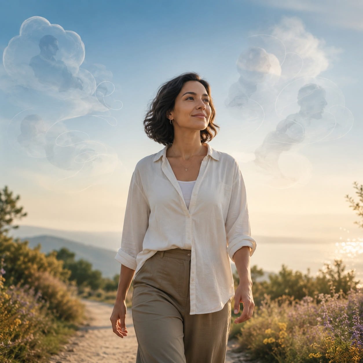 Life After ERP Therapy: The Good, the Weird, and the Ongoing Life After ERP Therapy: The Good, the Weird, and the Ongoing. A calm person walking along a sunlit path while faint cloud-like shapes drift in the background, symbolising intrusive thoughts becoming less threatening after ERP therapy.