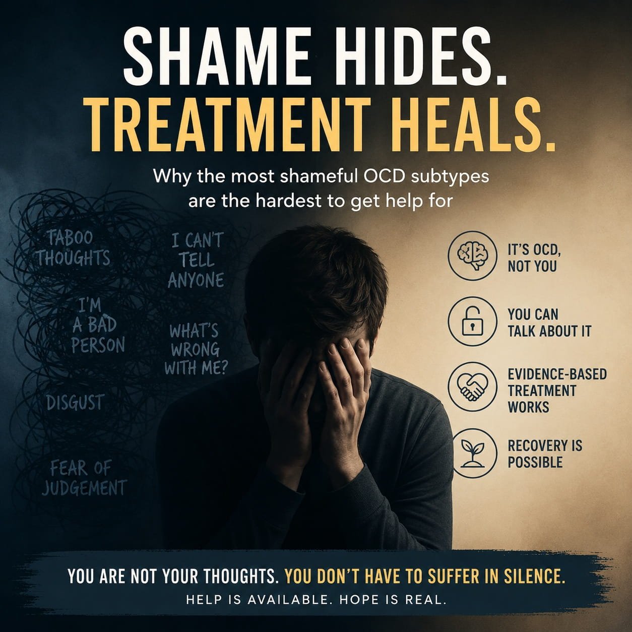 Shame and OCD: Why Taboo Subtypes Are the Hardest to Treat.Person sitting with head in hands between dark intrusive OCD thoughts and hopeful recovery messages, illustrating shame, taboo OCD subtypes, and seeking treatment.