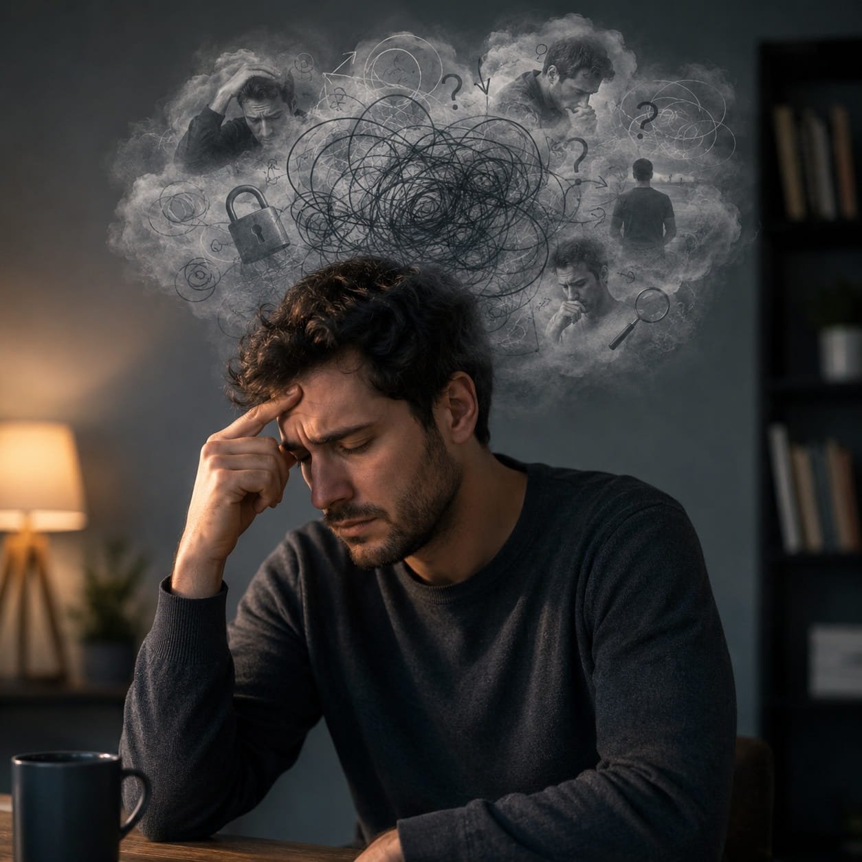 'Pure O' Isn't Pure — And It Isn't Just in Your Head Either. A distressed man sits alone indoors with his hand against his forehead while chaotic, swirling thoughts and symbolic images hover above him, representing mental rumination, anxiety, and intrusive thoughts associated with Pure O OCD.