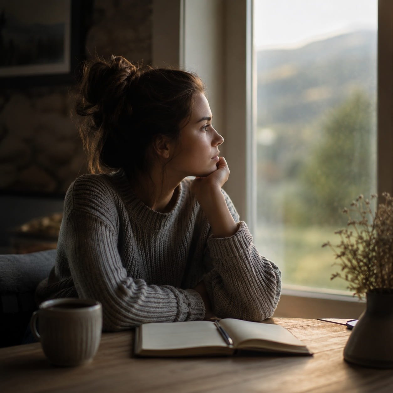 Intrusive Thoughts vs Intuition: 2 Key Differences. A thoughtful young woman sits by a window with her chin resting on her hand, gazing outside in quiet reflection. Warm natural light fills the room, while a notebook and coffee mug rest on the table in front of her, creating a calm and introspective atmosphere.