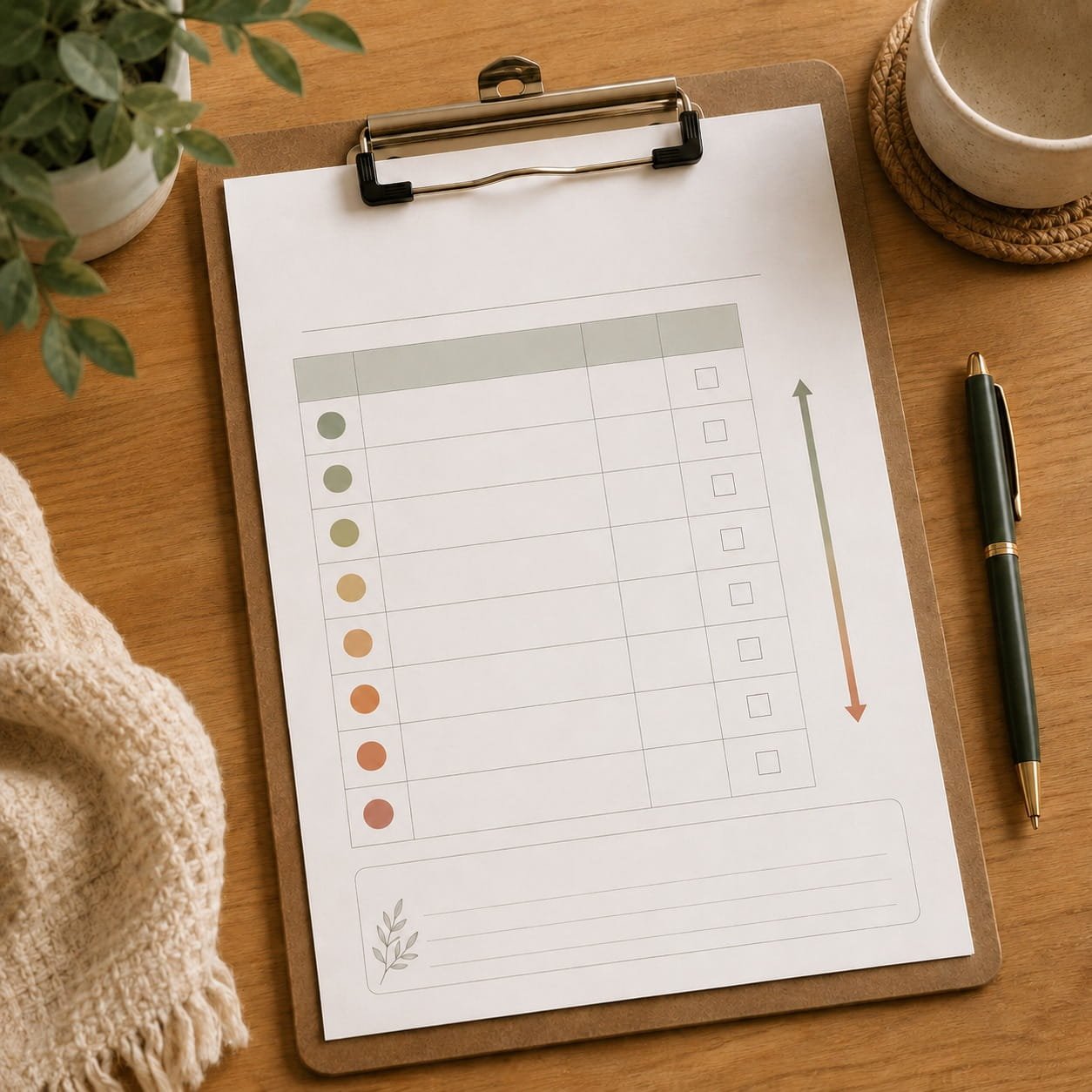How to Build Your Own ERP Exposure Hierarchy: A Clinician's Starter Guide. A warm flat-lay image of an ERP exposure hierarchy worksheet on a clipboard, with a pen beside it, arranged on a wooden desk with soft natural light.