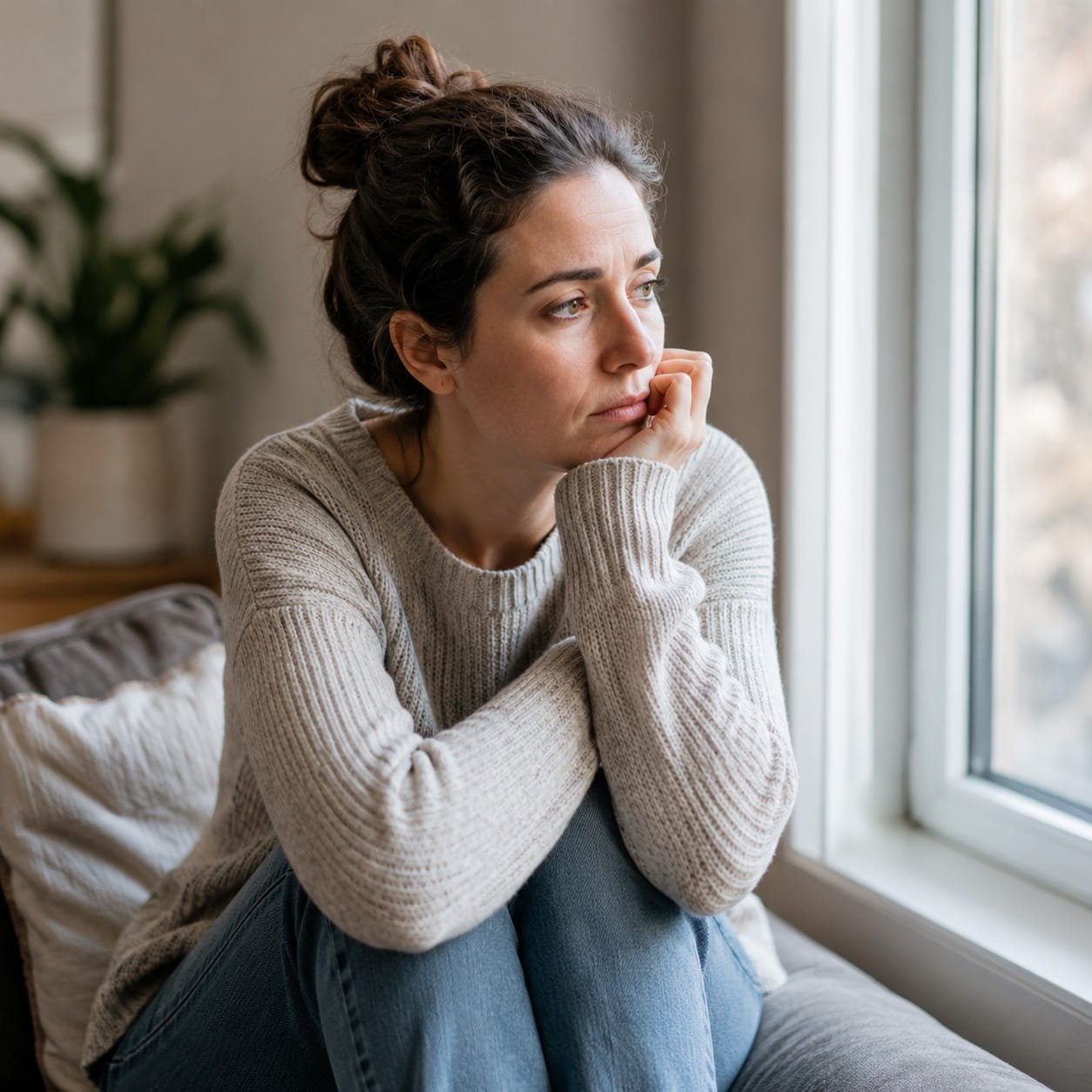 False Memory OCD and Real Event OCD: When You Can’t Trust Your Own Memory False Memory OCD and Real Event OCD: When You Can't Trust Your Own Memory. A person sitting quietly by a window, looking thoughtful and uncertain, illustrating the experience of false memory OCD and doubting one’s own memories.