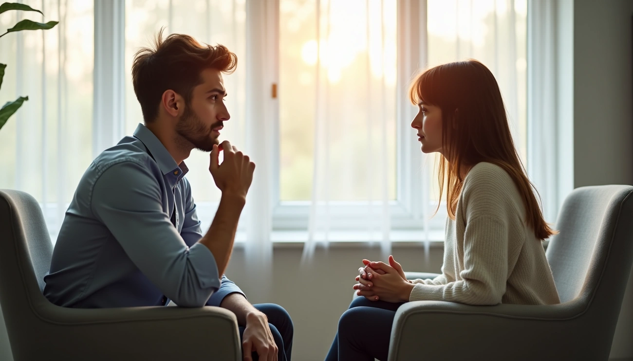 Male vs Female OCD: Understanding 17 Key Differences. A man and a woman sit facing each other in armchairs during a calm therapy conversation by a softly lit window.