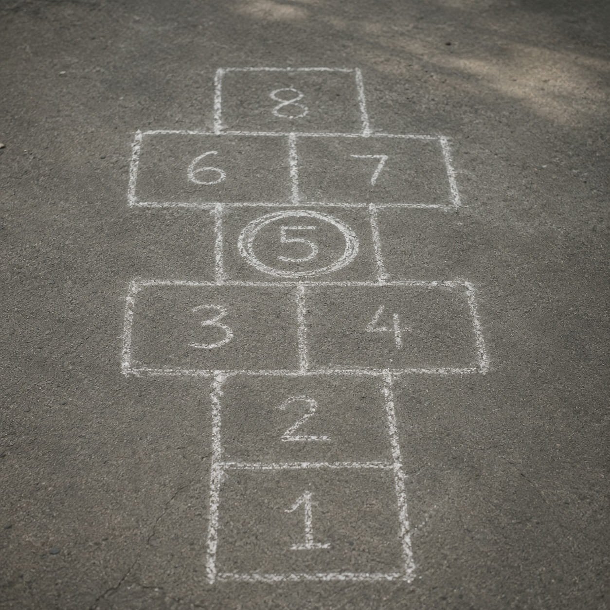 Magical Thinking OCD: When Your Thoughts Feel Like They Cause Events. Chalk hopscotch grid on grey pavement with one number circled, illustrating magical thinking OCD and the fear that choosing the “right” number can prevent harm.