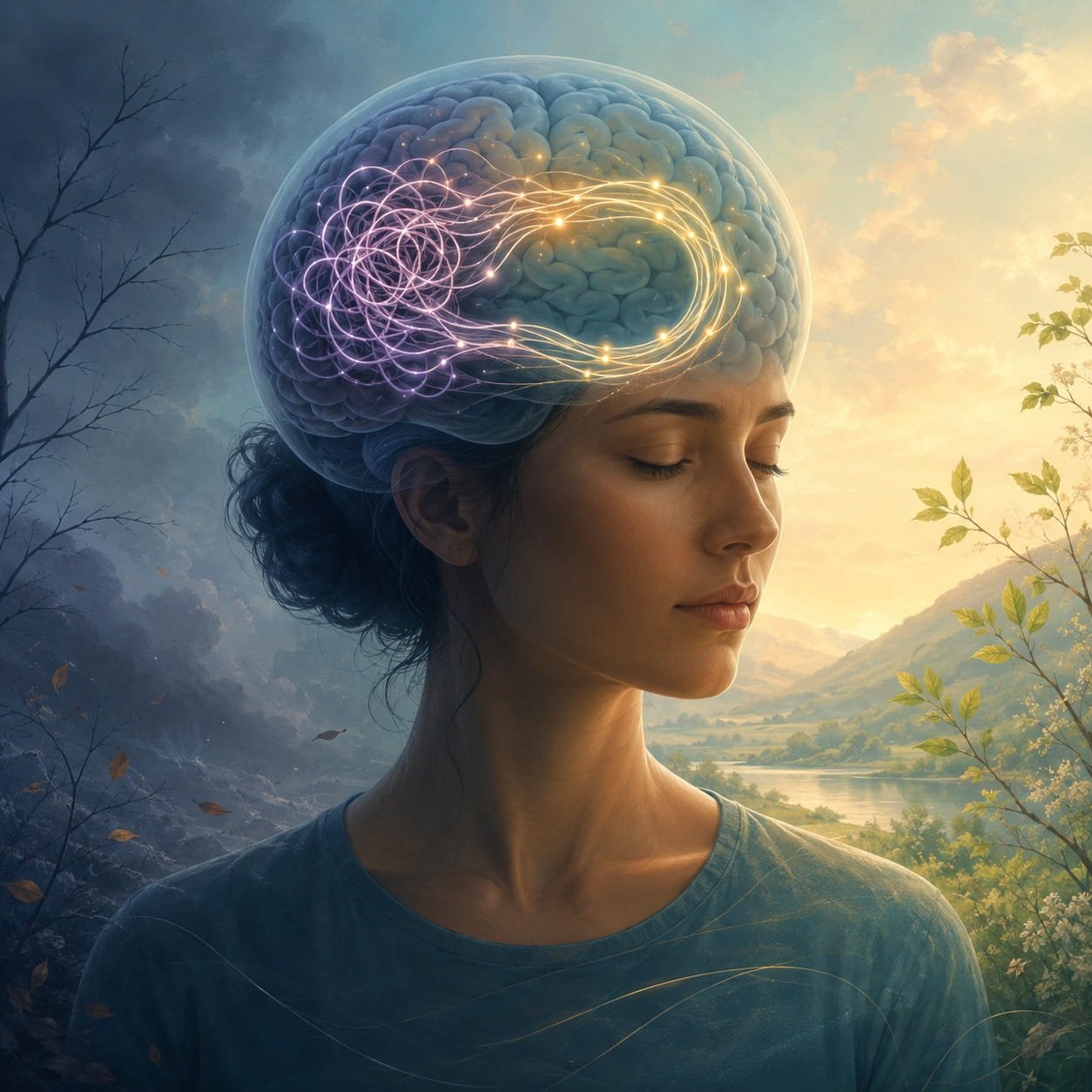 Serotonin and OCD: 7 Insights on Belief Stickiness. A calm person with a semi-transparent brain showing tangled purple neural loops gradually becoming smoother golden pathways, set against a background shifting from darkness to warm light.