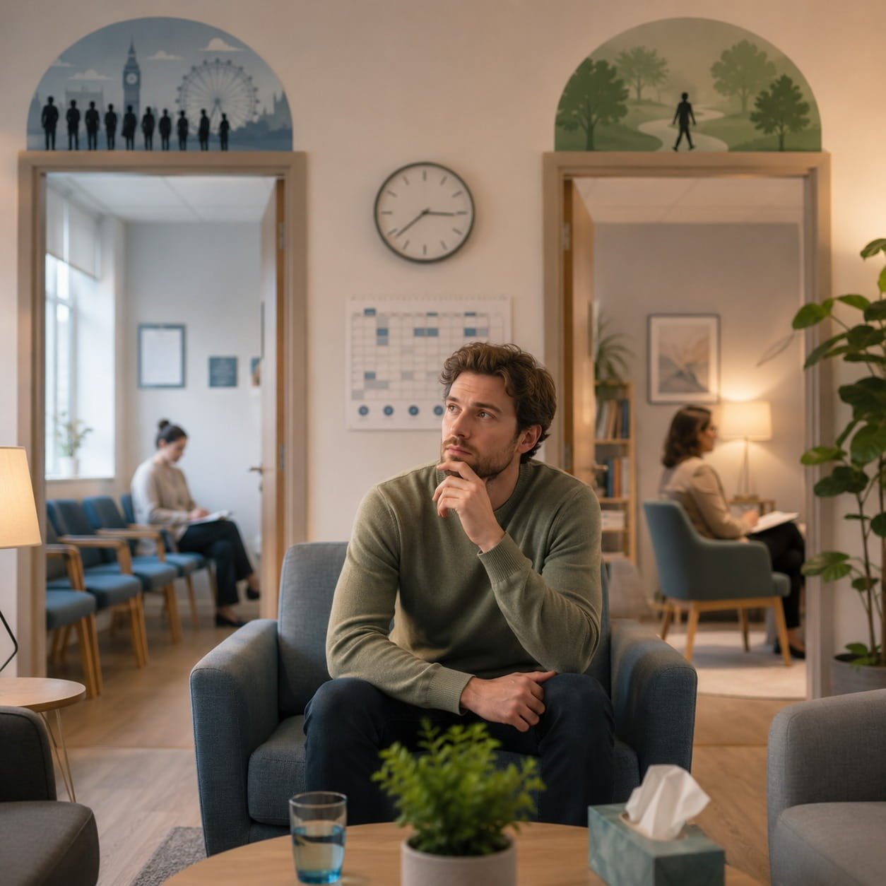 OCD Therapy in the UK: NHS, Private, Cost & Waiting Time. A thoughtful person sitting in a calm therapy waiting room, reflecting on different OCD therapy options in the UK, including NHS and private pathways.