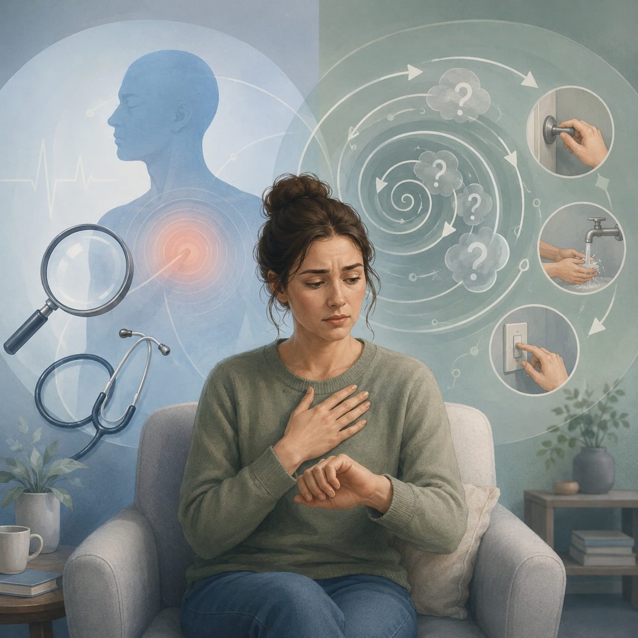 OCD vs Health Anxiety: Same Fear, Different Condition? Illustration of a worried person checking their pulse, with visual symbols of health anxiety, medical reassurance-seeking, intrusive thoughts and OCD checking loops.